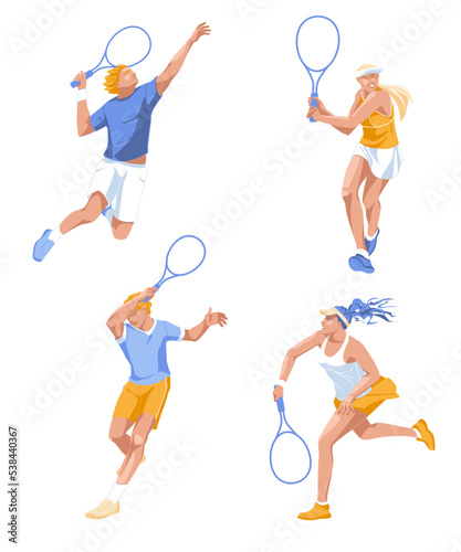 Set of different tennis players poses. Professional big sport. Character design. Isolated on white background. Vector flat illustration