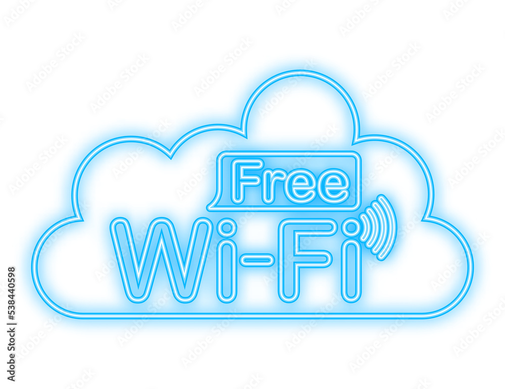Free wifi zone blue icon. Free wifi here sign concept. Neon icon. Vector illustration Free wifi zone blue icon. Free wifi here sign concept. Neon icon. Vector illustration