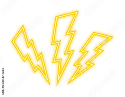 Lightning bolt neon set. Thunder bolt, lighting strike expertise. Vector illustration