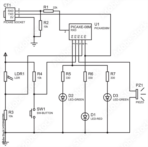 Schematic diagram of electronic device.
Vector drawing electrical circuit with diod, button, resistor, led, socket and other electronic components.