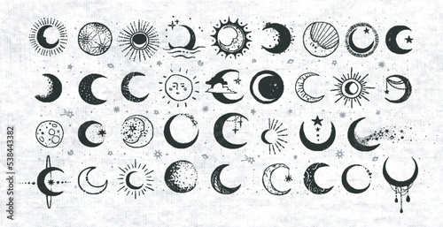 Doodles with the moon on old paper backrground. Crescent moon collection. Vector sketch illustration.