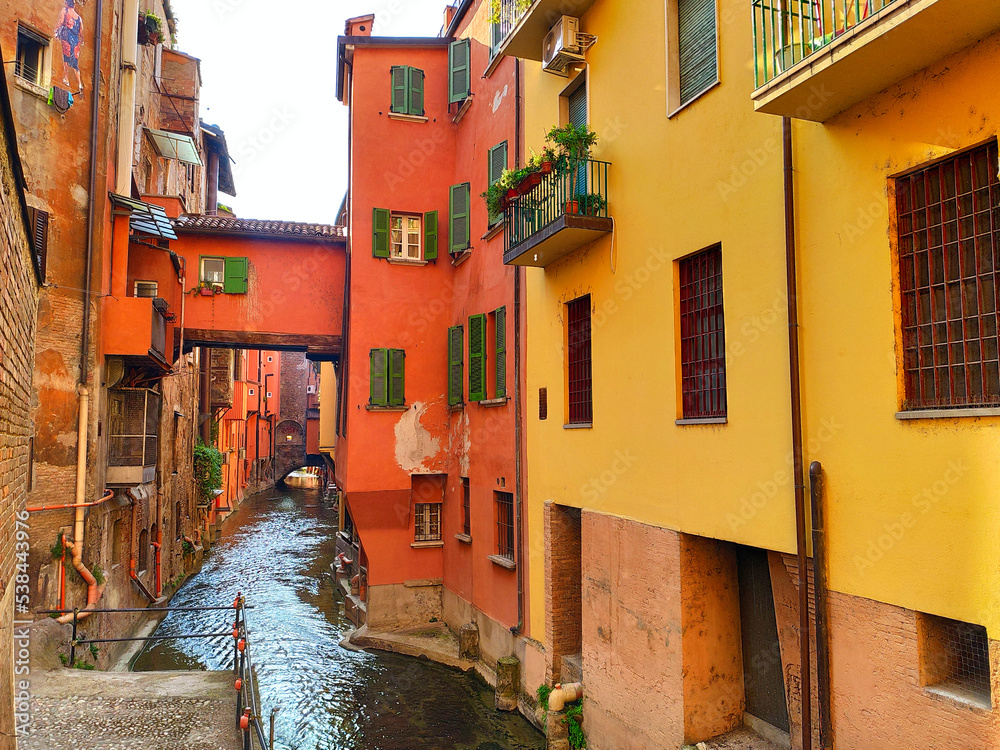 Canale delle Moline, one of the few stretches of the canals that has not been covered over, Bologna, Italy