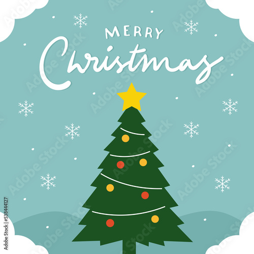 Merry christmas lettering background with snow and pine trees