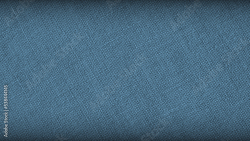 Blue woven surface closeup. Linen textile texture. Fabric handicraft background. Textured braided backdrop with wignetting. Len wallpaper. Macro