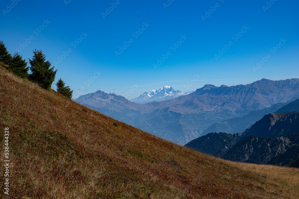 Mountain landscape in summer in the Alps in France with Mont Blanc in the distance

