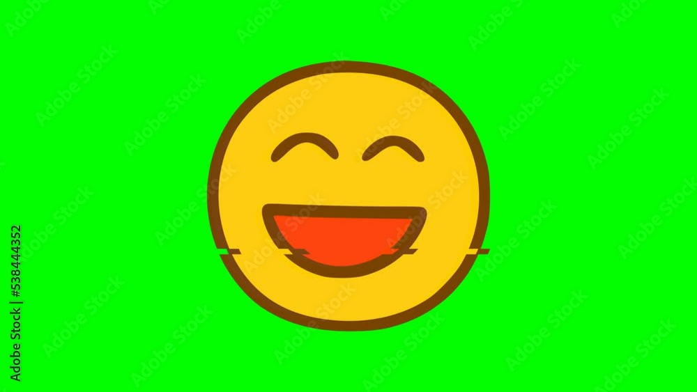 Smiling face emoticon glitch effect on green background. Emoji motion graphics.