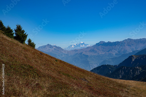 Mountain landscape in summer in the Alps in France with Mont Blanc in the distance 