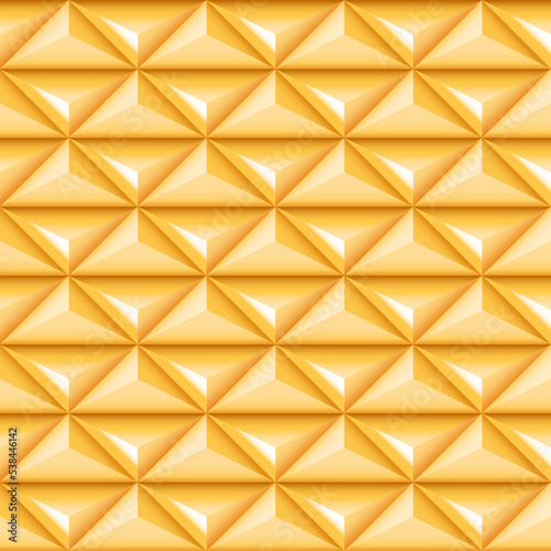 Seamless gold 3d triangles background. Abstract vector geometric texture pattern.
