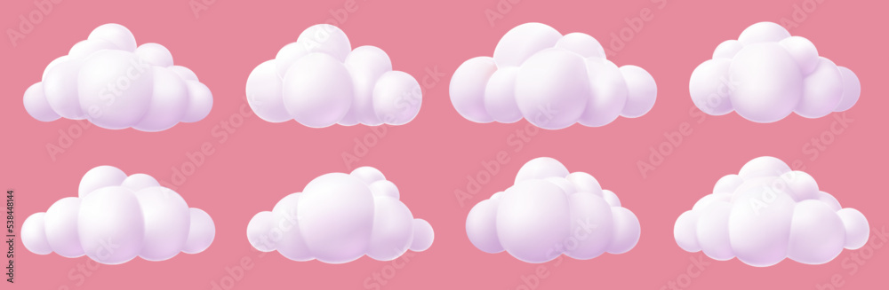 3d render set cartoon clouds on Pink background. Render soft round cartoon fluffy clouds icon set. Vector illustration.