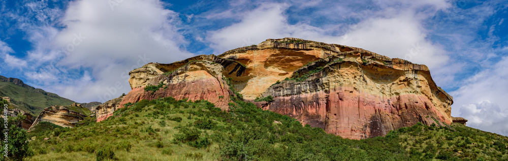 A panoramic view of Mushroom Rock in the Golden Gate Highlands National Park. This nature reserve is part of the Maluti Mountains belonging to the Drakensberg range in South Africa.