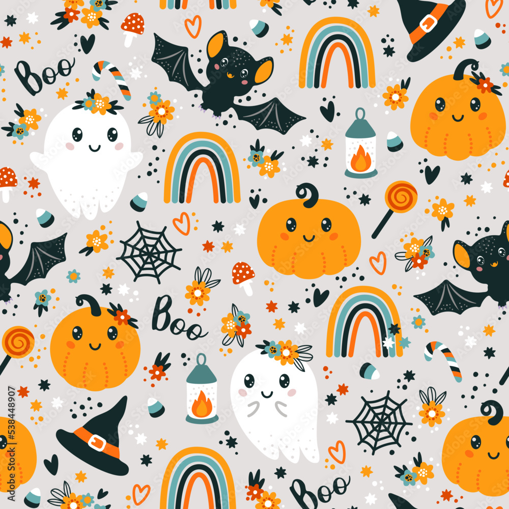 Seamless pattern with cute halloween elements, ghosts, pumpkins, hats, bats, rainbows and flowers. Vector illustration. Seamless pattern with cute halloween elements, ghosts, pumpkins, hats, bats, rainbows and flowers. Vector illustration.