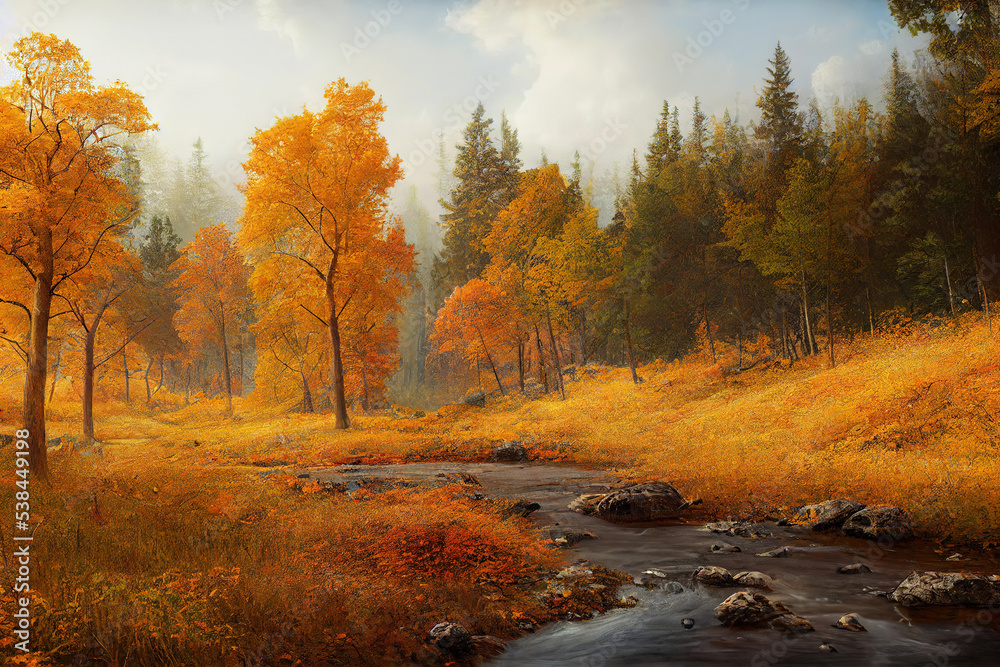 Fototapeta premium Autumn forest landscape, art illustration