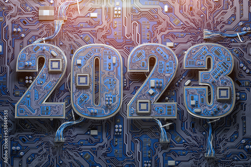 2023 on circuit board or motherboard with cpu. Computer technology and internet commucations digital concept background. Happy new 2023 year.