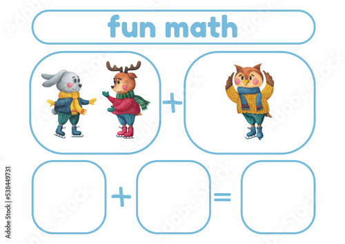 Fototapeta Naklejka Na Ścianę i Meble -  Winter Activity page, sheet for kids. Arithmetic task with forest animals is a game for teaching a child to count. An exercise for learning numbers. a mathematical example for a preschooler.