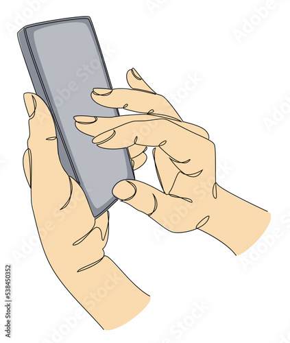 Silhouettes of human hands with a telephone in a modern one line style. Continuous line drawing, aesthetic outline for home decor, posters, wall art, stickers, logo. Vector illustration.