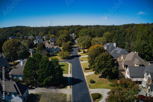 Aerial panoramic view of a beautiful neighborhood in an upscale subdivision in suburbs of Atlanta, USA