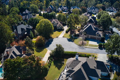 Aerial panoramic view of a beautiful neighborhood in an upscale subdivision in suburbs of Atlanta, USA