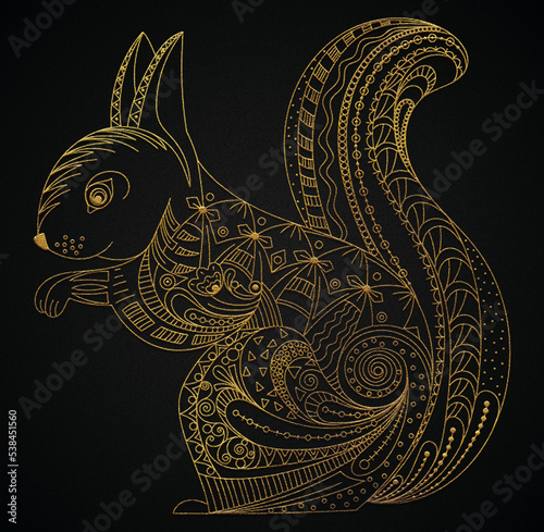 Zentangle golden squirrel art, luxuey vintage design, detailed floral design animal. photo