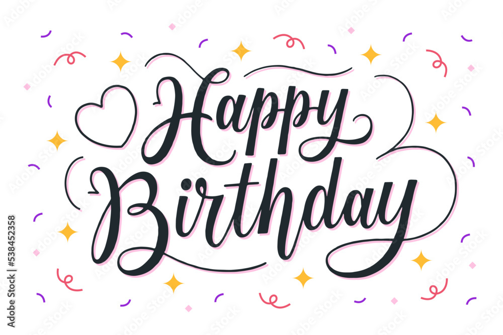 Happy birthday lettering with colorful confetti on white background