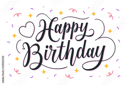Happy birthday lettering with colorful confetti on white background