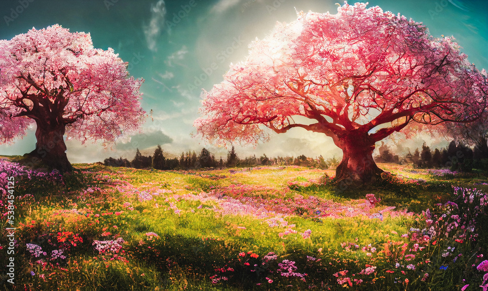 Colorfull old blossoming tree in a meadow