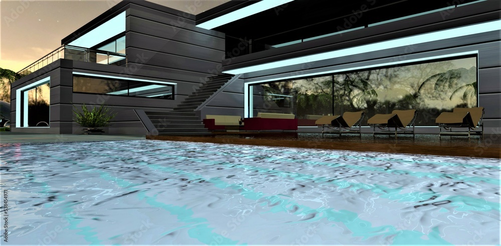 Obraz premium Waves on the surface of the water in a luminous pool in front of an amazing country house in a futuristic style. Wonderful star at night. 3d rendering.