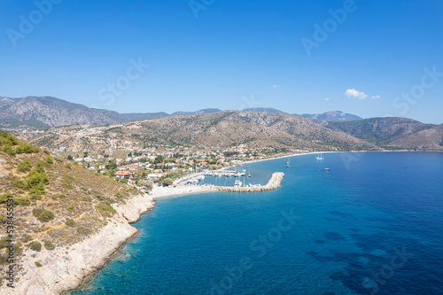 Fototapeta Naklejka Na Ścianę i Meble -  Amazing aerial photo of Datca peninsula, indented coastline between of mediterranean and aegean seas with beautiful turquoise water, altitude about 1 km, Turkey, Palamutbuku