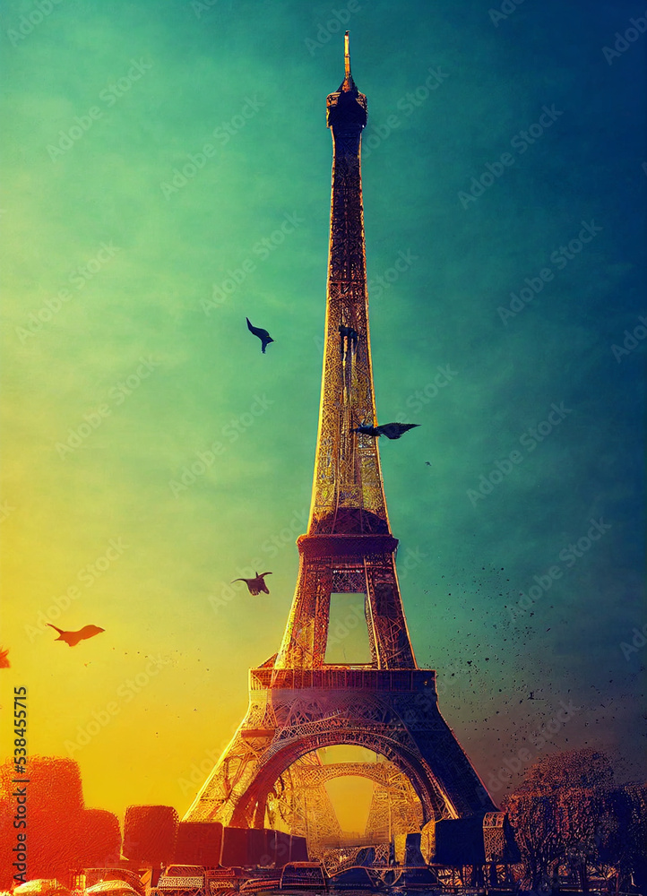 The decaying Eiffel Tower. Abandoned Eiffel Tower. End of the world in Paris. Image of the Eiffel Tower in colors.
