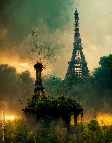 The decaying Eiffel Tower. End of the world in Paris. Post-apocalyptic vision of the world.