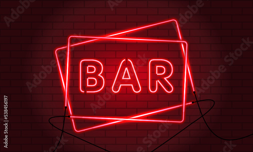 Neon sign BAR in a frame on brick wall background. Vintage electric signboard with bright neon lights. Red light falls. Vector illustration