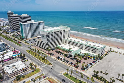 Aerial looking east over Daytona Beach, Florida beachfront hotels and condos toward the Atlantic Ocean. photo