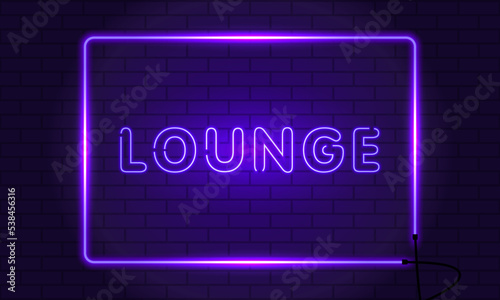 Neon sign lounge in a frame on brick wall background. Vintage electric signboard with bright neon lights. Purple light falls. Vector illustration