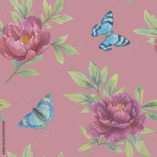 Botanical pattern in a watercolor style. Abstract floral pattern with butterflies.