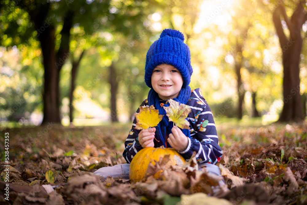 Happy little child baby boy laughing and playing in the autumn Happy little child baby boy laughing and playing in the autumn