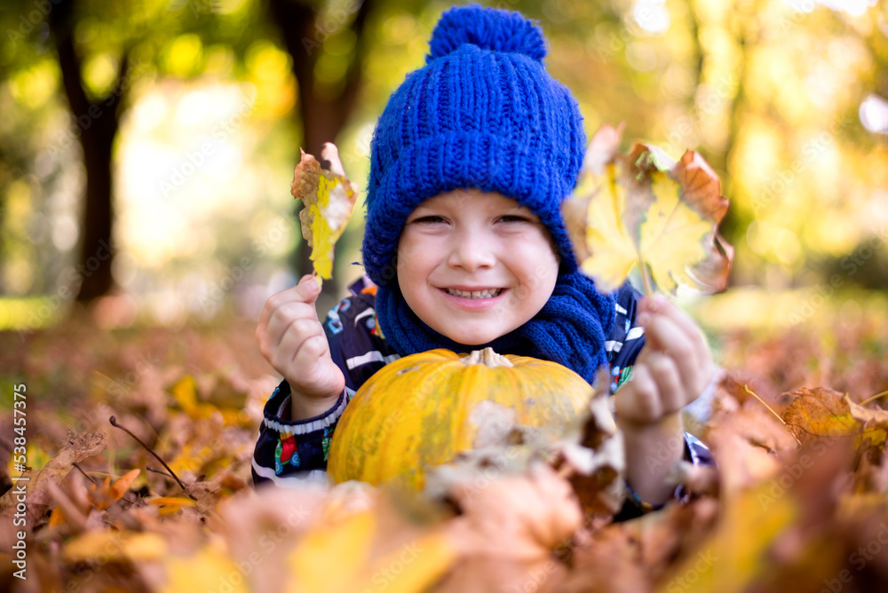 Happy little child baby boy laughing and playing in the autumn Happy little child baby boy laughing and playing in the autumn