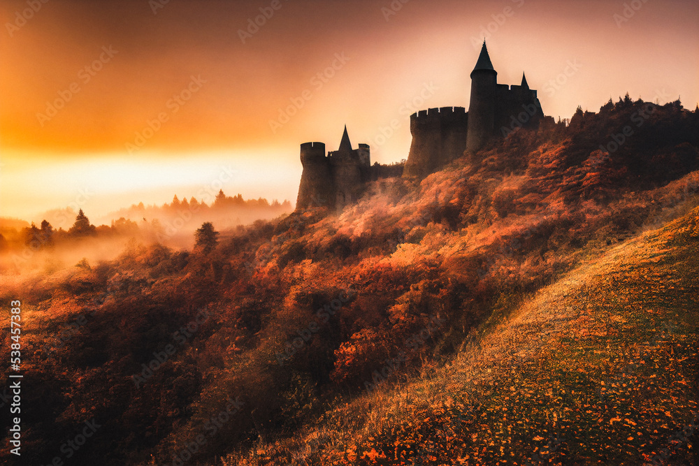Old medieval castle on a hill by sunset