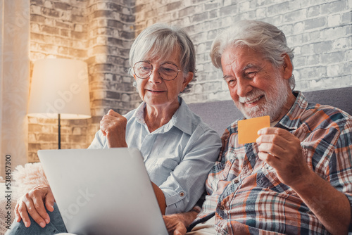 Картината върху платно Portrait of couple of cute two happy and excited seniors buying and spending money shopping online with laptop on the sofa at home