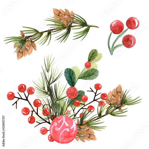 Watercolor, Christmas star, poinsettia, needles, cute cartoon deer, red berries, snowflakes, cones, glass toys, Christmas mood