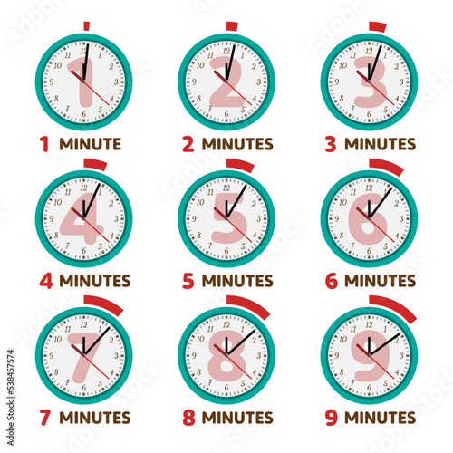 Clock set - 1, 2, 3, 4, 5, 6, 7, 8, 9 - one, two, three, four, five, six, seven, eight, nine minutes Symbol - vector