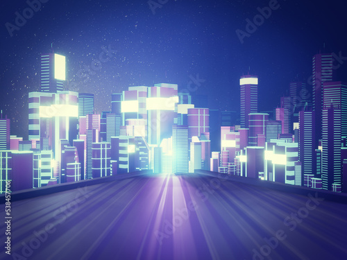3D dark blue building city with big screen board background for technology concept. 3D illustration rendering.