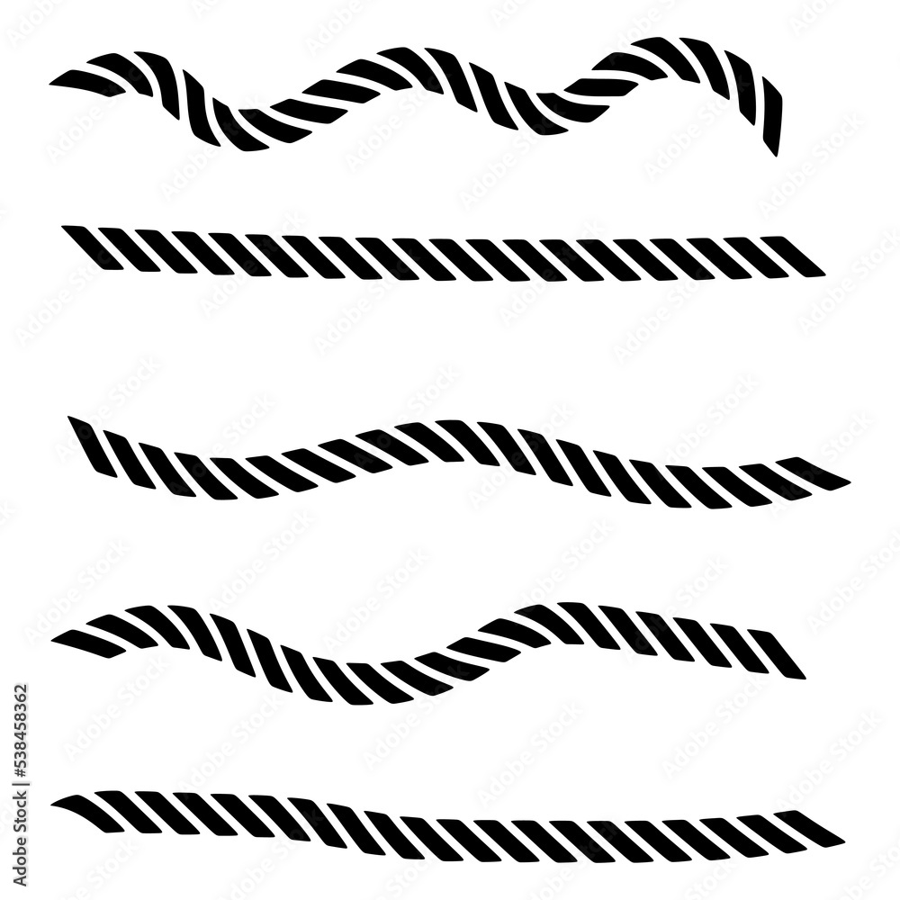 Straight and wavy rope, black monochrome silhouette. vector