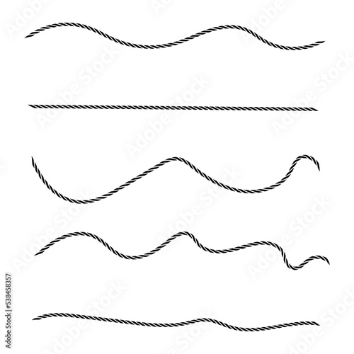 Straight and wavy rope, black monochrome silhouette. Flat vector illustration isolated on white background