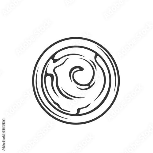 Sauce bowl top view outline icon vector illustration. Hand drawing cup with dip for snack food, spicy ketchup or organic mustard, fresh yogurt or mayonnaise for seasoning and condiment to appetizer