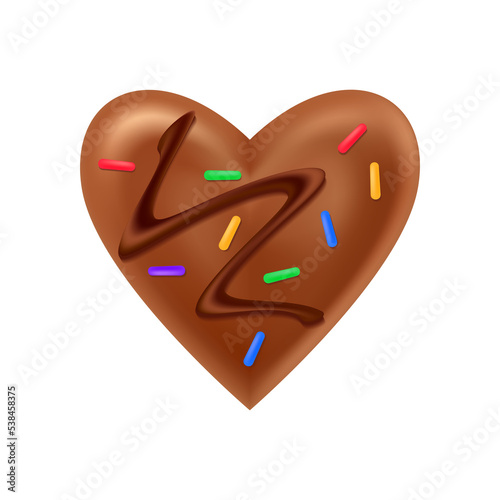 Chocolate heart. Glossy brown milk chocolate bonbon with bright colorful decorations. Valentine's day design. Png illustration.