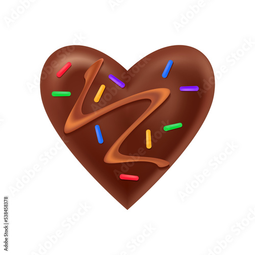 Chocolate heart. Glossy brown dark chocolate bonbon with bright colorful decorations. Valentine's day design. Png illustration.