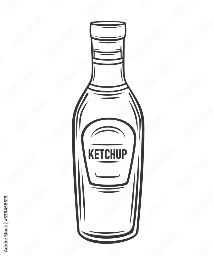 Ketchup sauce in bottle outline icon vector illustration. Line hand drawing tomato ketchup condiment for BBQ, seasoning and dressing in glass packaging with label and cap, hot food ingredient Ketchup sauce in bottle outline icon vector illustration. Line hand drawing tomato ketchup condiment for BBQ, seasoning and dressing in glass packaging with label and cap, hot food ingredient