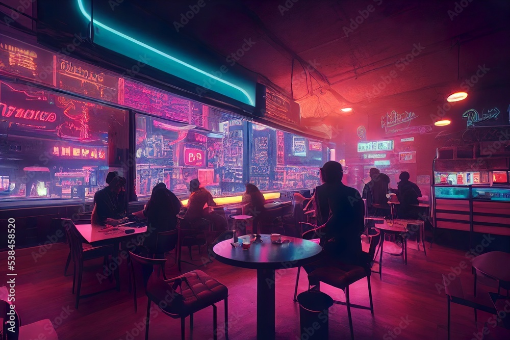 80's design cyberpunk futurist restaurant interior illustration