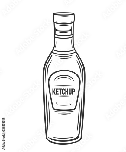 Ketchup sauce in bottle outline icon vector illustration. Line hand drawing tomato ketchup condiment for BBQ, seasoning and dressing in glass packaging with label and cap, hot food ingredient