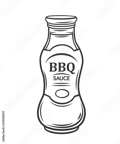 BBQ sauce in bottle outline icon vector illustration. Line hand drawing barbecue dressing with smoky flavor in glass container with label and lid, condiment sauce for barbeque food and steak in jar