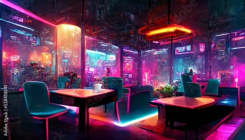 Cyberpunk restaurant interior design illustration with neon lights